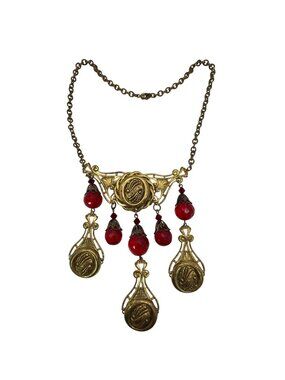 Victorian Chandelier Ruby Czech Glass Gold tone Necklace Red Glass Teardrop 16"